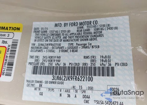 2015 Lincoln Mkz z USA, uszkodzony, nr VIN 3LN6L2JK9FR622100